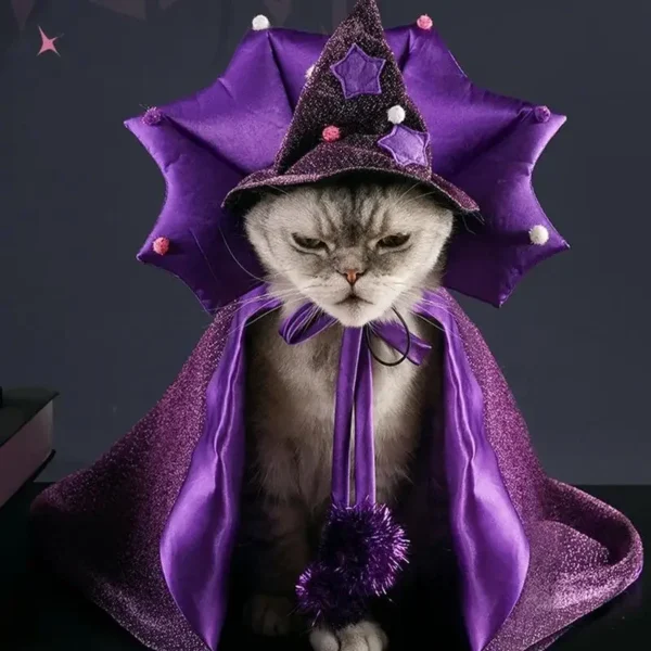 Cat Halloween Costume Comfortable Cat Wizard Outfit Witch Dog Costume Cat Cloak Witch Hat Halloween Dog Cloth For S/M Cats Dogs - Image 6
